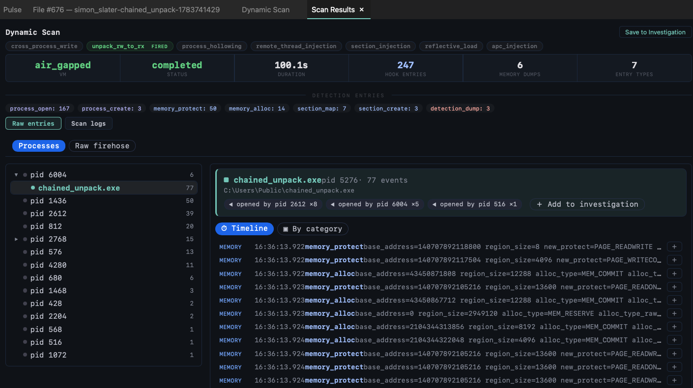 ThreatDetective dynamic scan — hook-entry timeline with per-event timing across processes