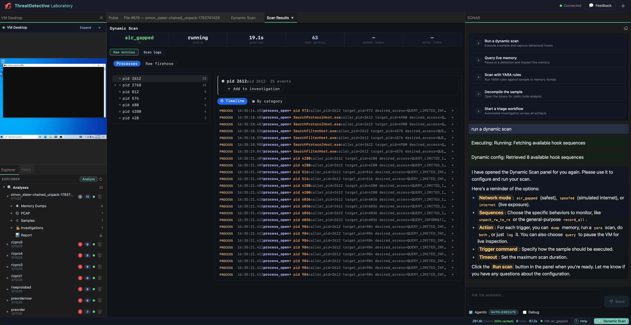 ThreatDetective Laboratory — a live dynamic malware scan in progress