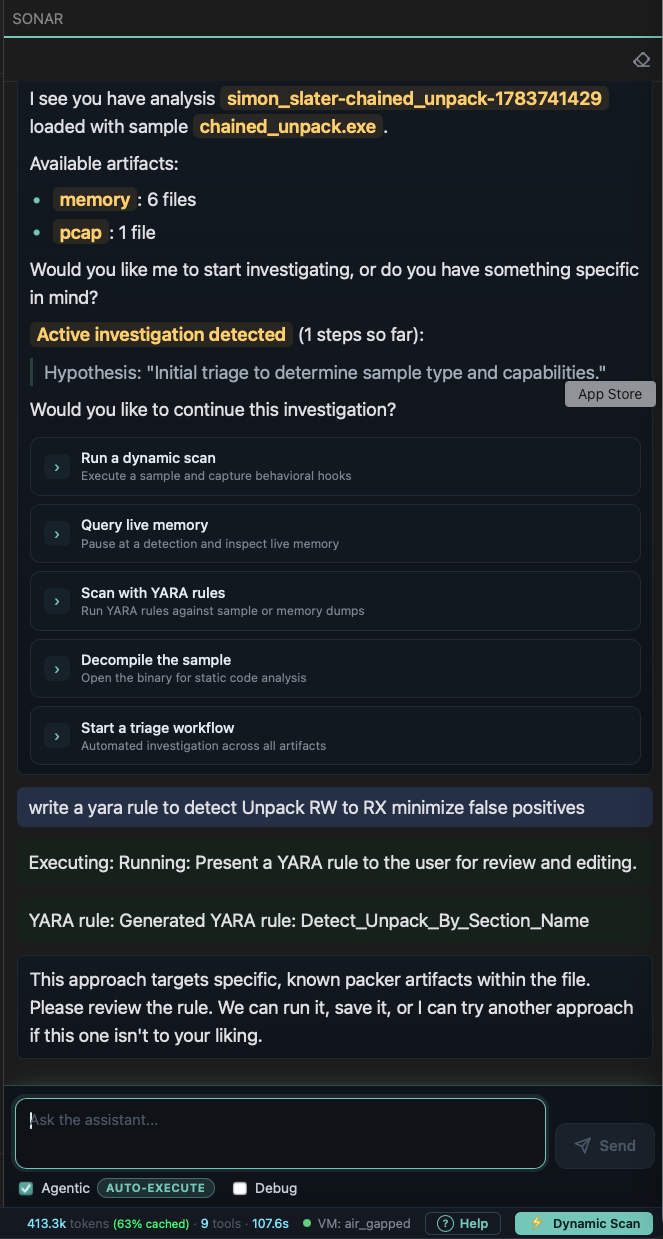 SONAR AI assistant generating a YARA rule to detect an RW-to-RX unpack, with review and edit controls